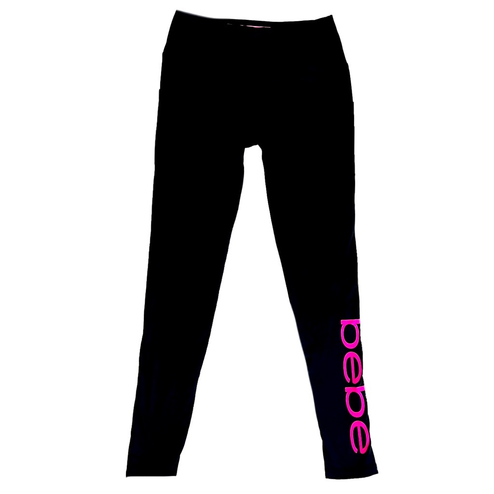 BEBE Sport Black Pockets Athletic Leggings W/ Pink “bebe” Logo & 2 Side Pockets